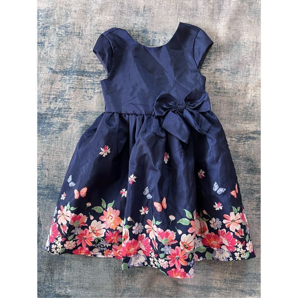 George Dark Navy Pink Floral Butterfly Bow Cap Sleeve Dress Size 8